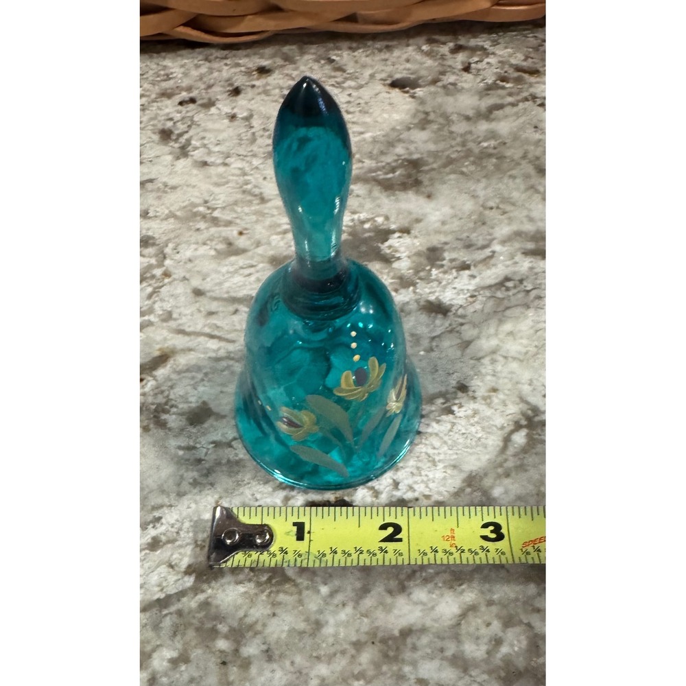 Vintage Fenton Teal Blue Glass Bell Hand Painted Floral Diamond Optic Signed - Picture 10 of 10